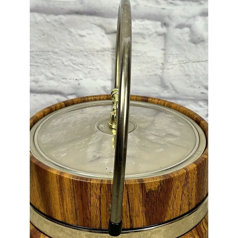 Vintage Ice Bucket‎ Faux Wood Insulated Barware Goldtone Banded Handle Pail